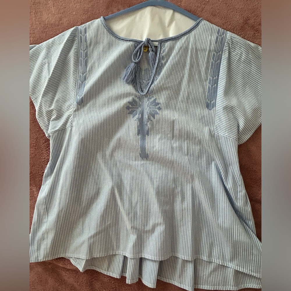 Blue and white stripped blouse with tie detailing